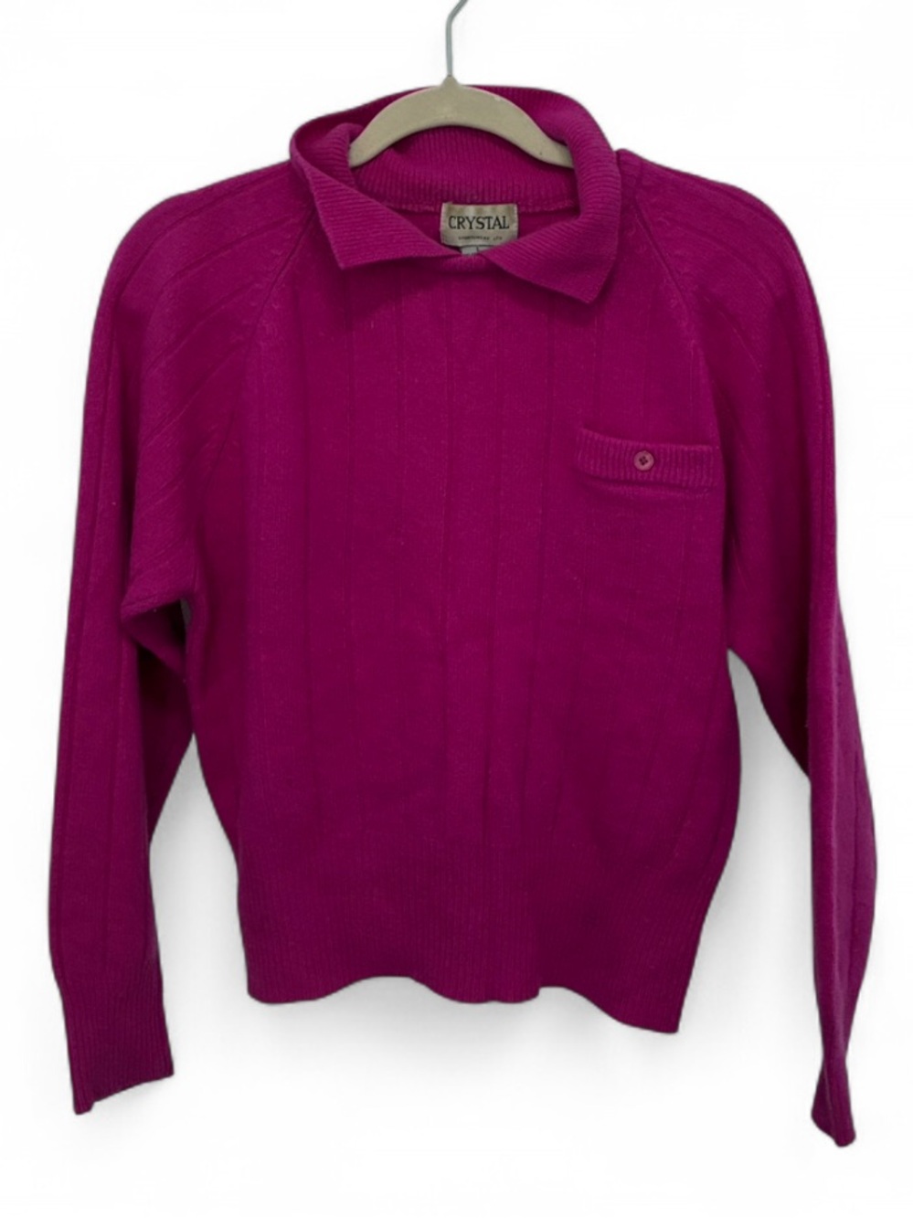 Vintage Fuchsia Collared Knit Pocket Wool Rabbit Hair Sweater